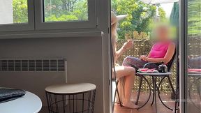 My husband is jerking off and cum in front of my stepmom a while we talk on balcony