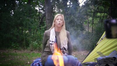 Blonde MILF and a horny guy are having sex at the picnic