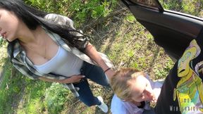 Brunette Makes Her Friend To Suck Stranger