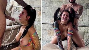 Submissive Slut with Big Tits is Humiliated with milk and gets Creampie after a very Hard Fuck