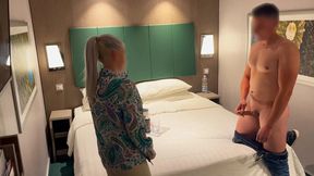 Hotel receptionist brings me a soda and helps me finish with a blowjob until I cum