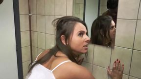 Older woman pleasureized by two guys in the bathroom!
