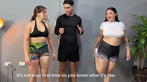Athletic dude pounds two chubby latinas during yoga class