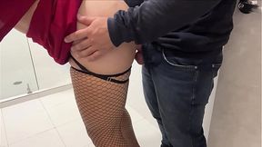 Office restroom fuck with a tall &mdash;  curvy secretary leads to a milky creampie